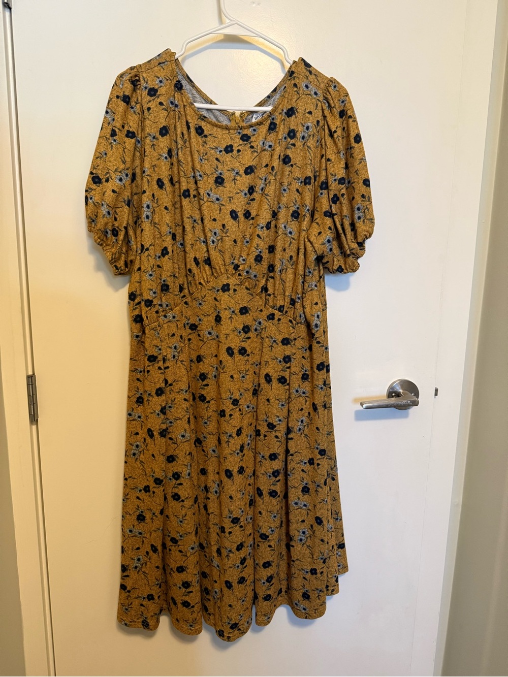 Unique Vintage Mustard Floral Puff-Sleeve Midi Dress